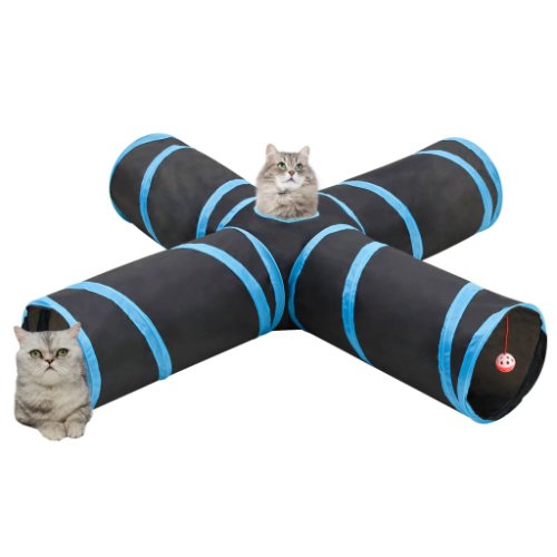 Vidaxl tunel pentru pisici 4 căi, negru și albastru, 132 cm, poliester