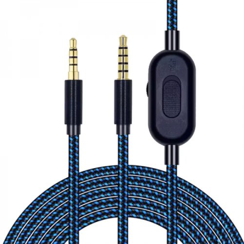 Cablu audio jack 3.5 – jack 3.5 pentru casti logitech astro a10 a40 tr trrrs 5 pini tata la 4 pini tata cu control al volumului si fir impletit din nylon 2m albastru