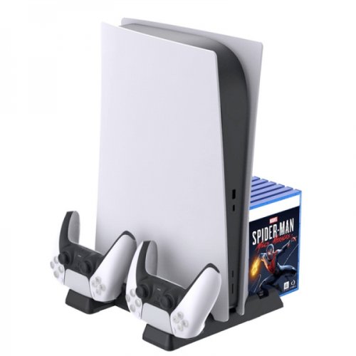 Stand multifunctional dobe pentru playstation ps5 / ps5 digital edition cu ventilator cooler 2x dock incarcare controller slot 11 jocuri negru