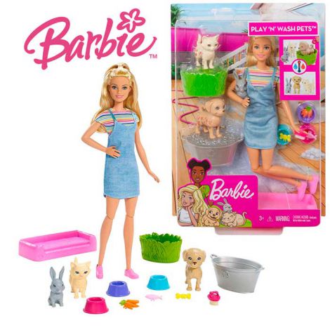 Barbie gama family - set de joaca papusa si animalutele domestice