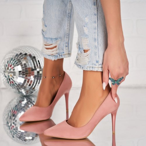Pantofi dama stiletto roz din piele ecologica intoarsa colette x8496