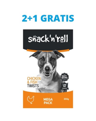 Snack   roll chicken and fish twists recompense pentru caini, cu pui si peste 3x200 g 2+1 gratis