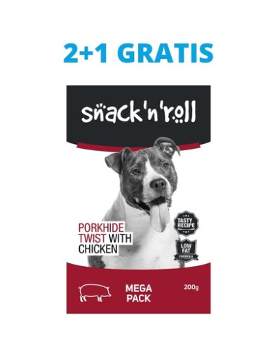 Snack   roll porkhide twist with chicken recompense pentru caini, cu porc si pui 3x200 g 2+1 gratis