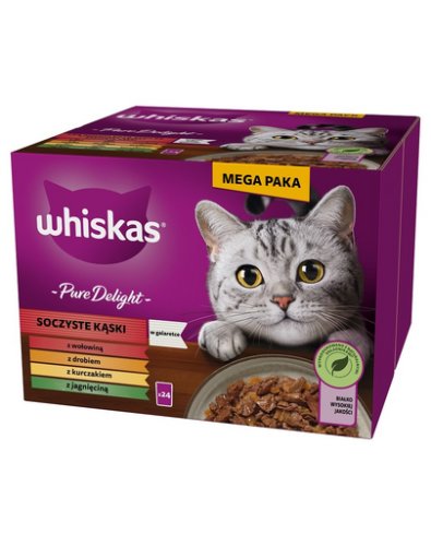 Whiskas adult pure delight 48x85 g pliculete hrana pisici adulte, cu vita, pui, miel si pasare in aspic