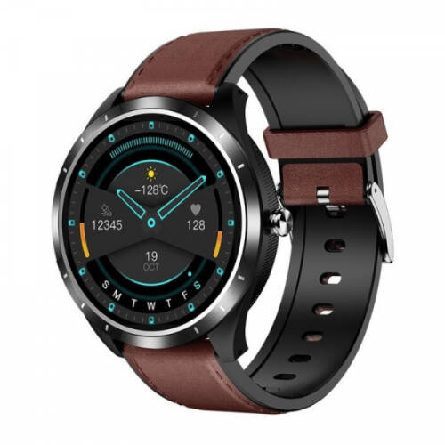 Smartwatch star x3 negru cu bratara maro inchis din piele, 1.3 full touch, ekg, saturatie oxigen, ritm cardiac, presiune sanguina, ip68