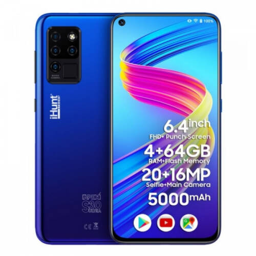 Telefon mobil ihunt s30 ultra apex 2021 albastru, 4g, 6.41 fhd+, 4gb ram, 64gb rom, android 10, helio p60 octacore, dual sim, 5000mah