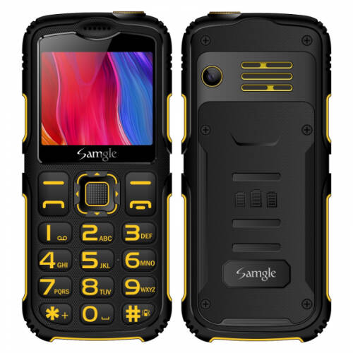 Telefon mobil samgle armor, 3g, qvga 2.0 color, camera 2.0mp, bluetooth, fm, lanterna, 3000mah, dual sim, stand incarcare cadou, galben