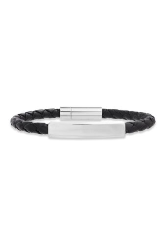 Bijuterii barbati reinforcements stainless steel braided leather w bar bracelet black