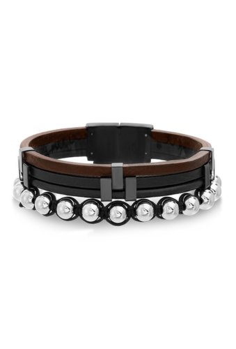 Bijuterii barbati reinforcements stainless steel polished ball layered leather 2-piece bracelet set black brown silver