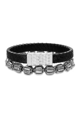 Bijuterii barbati reinforcements stainless steel textured beaded stretch braided black leather bracelet duo set black