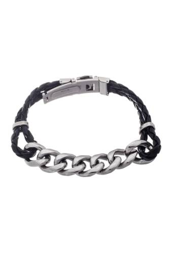 Bijuterii barbati steve madden stainless steel curb chain braided leather bracelet black