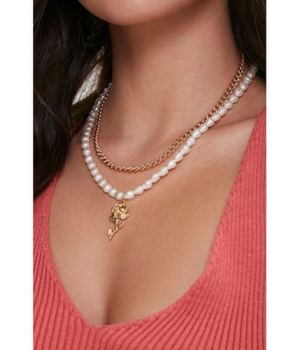 Bijuterii femei forever21 rose pendant faux pearl necklace set goldcream