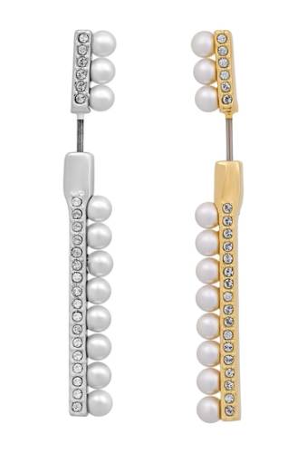 Bijuterii femei swarovski lisboa 23k yellow gold plated two-tone crystal crystal pearl vertical bar earrings metallic