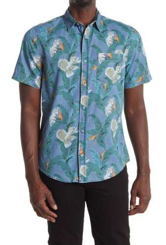 Imbracaminte barbati public opinion short sleeve printed chambray dress shirt blue tropical bird