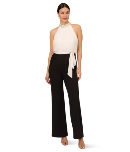 Imbracaminte femei adrianna papell stretch crepe chiffon blouson jumpsuit with pearl necklace ivoryblack