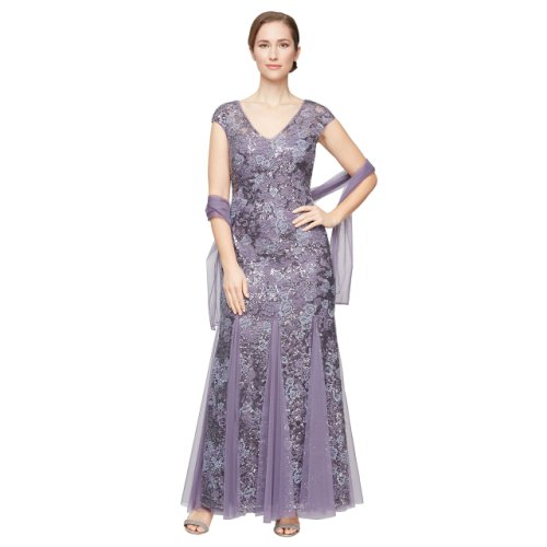 Imbracaminte femei alex evenings long embroidered fit-and-flare dress with godet detail skirt and shawl icy orchid