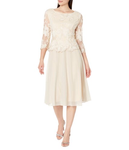 Imbracaminte femei alex evenings tea length embroidered dress with illusion sleeve and scallop detail full skirt taupe