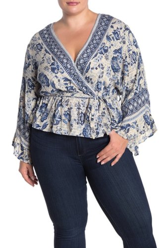Imbracaminte femei angie floral paisley bell sleeve faux wrap top plus size ivory-navy
