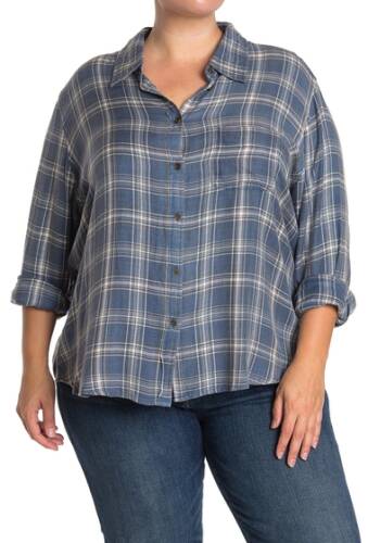 Imbracaminte femei angie long sleeve plaid button up shirt plus size blue-grey