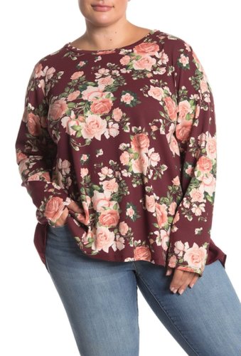 Imbracaminte femei bobeau long sleeve printed knit satin back top plus size burgundy floral