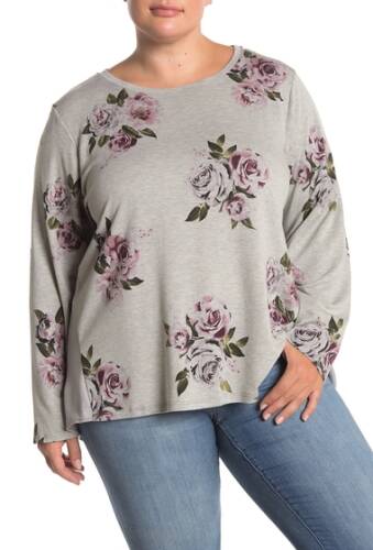 Imbracaminte femei bobeau long sleeve printed knit satin back top plus size grey floral