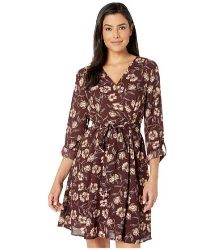 Imbracaminte femei bobeau tab sleeve printed wrap dress winekhaki floral