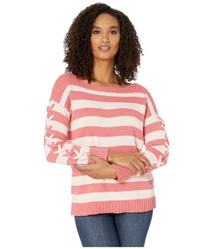 Imbracaminte femei cece long sleeve striped boatneck sweater with lacing grapefruit