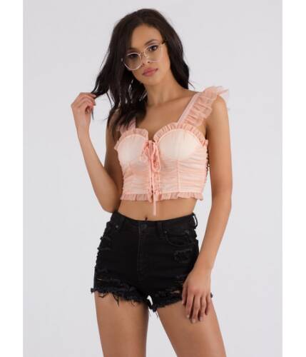 Imbracaminte femei cheapchic sweetie lace-up ruffled mesh corset top pink