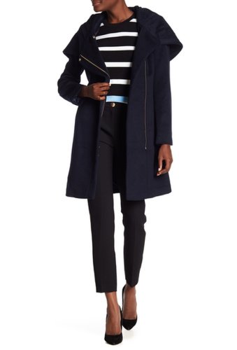Imbracaminte femei cole haan hoodied tie waist wool blend coat navy