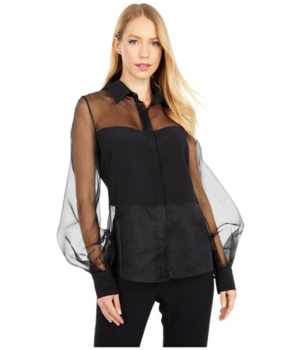 Imbracaminte femei cushnie button-down sheer blouse with billowing sleeves black