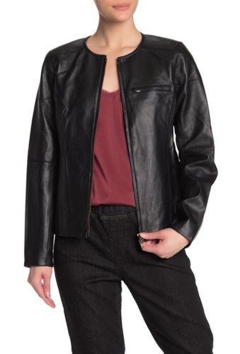 Imbracaminte femei eileen fisher round neck genuine leather jacket black