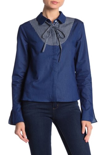 Imbracaminte femei english factory stripe placket tie neck blouse chambray