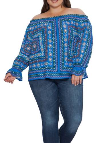 Imbracaminte femei flying tomato geo printed off-the-shoulder top plus size blue
