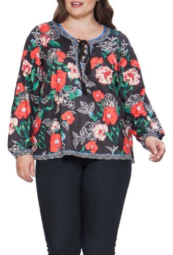 Imbracaminte femei flying tomato lace-up floral printed blouse plus size black