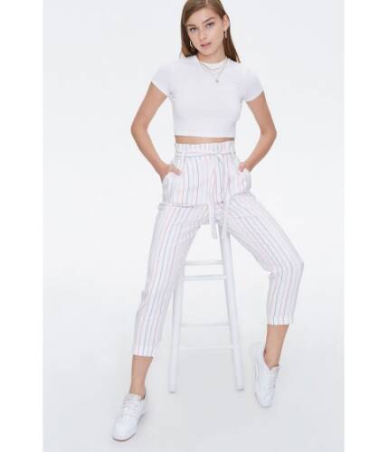 Imbracaminte femei forever21 cuffed striped paperbag pants ivorymulti