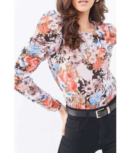 Imbracaminte femei forever21 floral ruched-sleeve chiffon top ivorymulti