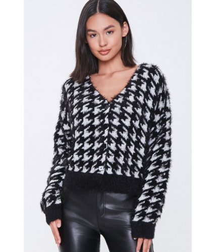Imbracaminte femei forever21 fuzzy knit houndstooth cardigan blackwhite
