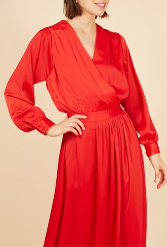 Imbracaminte femei frnch pleated long sleeve midi dress red