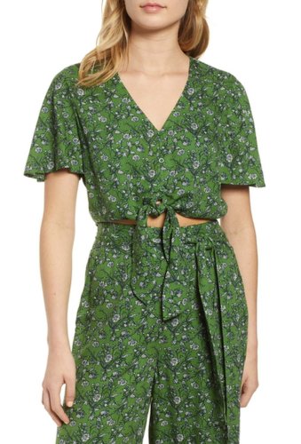 Imbracaminte femei hinge print tie front crop top green canopy flower branches