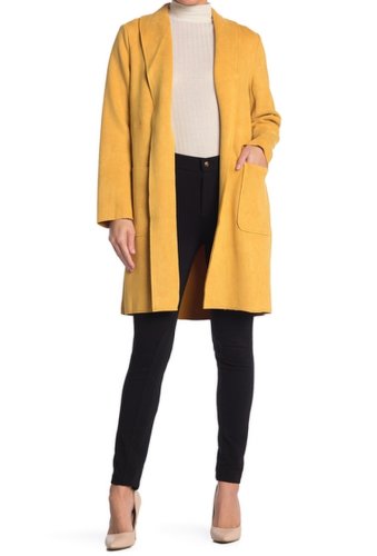 Imbracaminte femei joan vass shawl collar open front faux leather mid jacket mustard