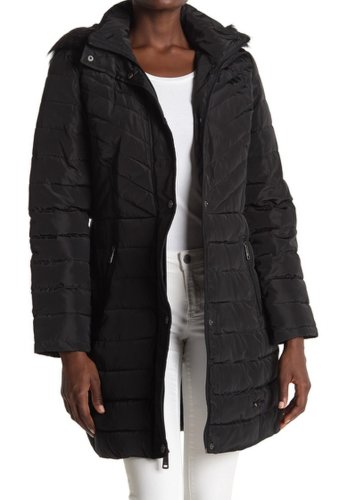 Imbracaminte femei kenneth cole new york faux fur trimmed removable hooded satin quilted puffer jacket black