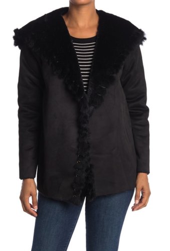 Imbracaminte femei love token faux suede genuine rabbit fur trim jacket black