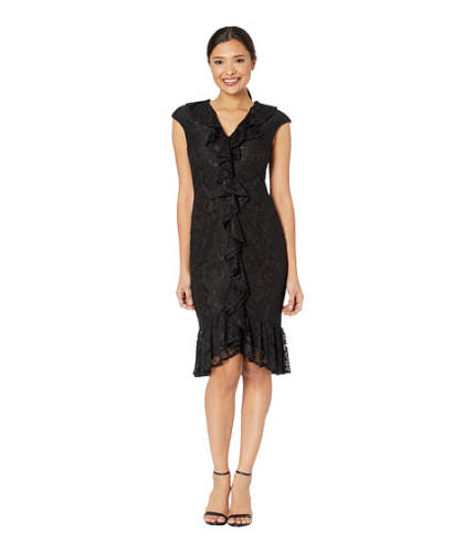Imbracaminte femei maggy london scattered rose lace sheath dress with cap sleeve and cascade front ruffle black