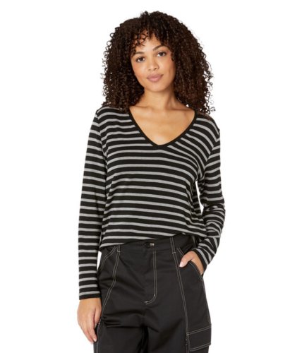 Imbracaminte femei majestic filatures french terry stripe semi relaxed long sleeve v-neck noir