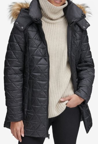 Imbracaminte femei marc new york by andrew marc faux fur trim hood quilted jacket black