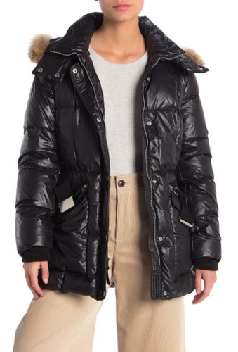 Imbracaminte femei marc new york by andrew marc genuine coyote fur trim belted waist puffer jacket black