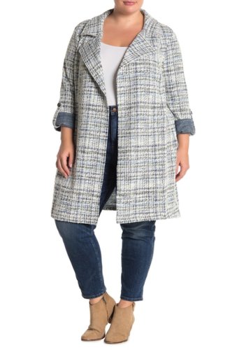 Imbracaminte femei melloday tweed roll-sleeve trench coat plus size blue multi
