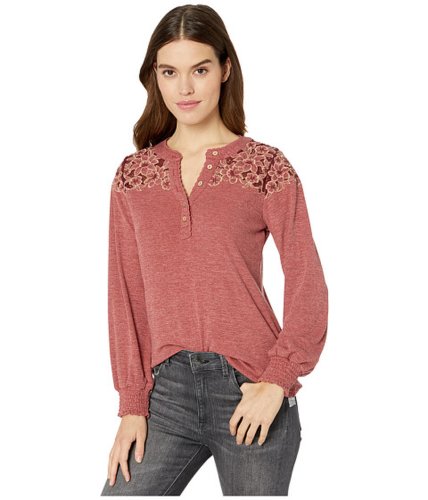 Imbracaminte femei miss me floral embroidered yoke button detail long sleeve top brick red