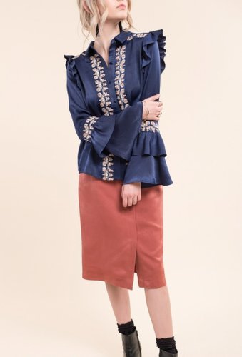 Imbracaminte femei moon river ruffle panel embroidered blouse navy