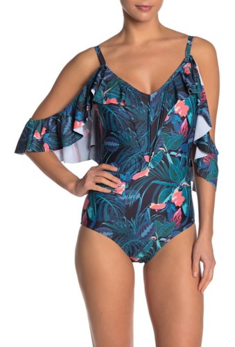 Imbracaminte femei nicole miller ruffled cold shoulder one-piece swimsuit regular plus size into the jungle